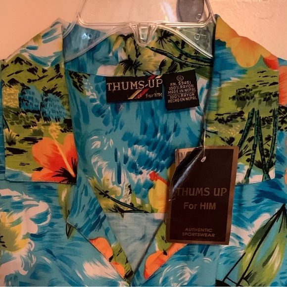 Men’s Hawaiian Island Shirt XL Sailboat Hibiscus Palm Trees Ocean Thumbs Up NWT - Picture 3 of 8